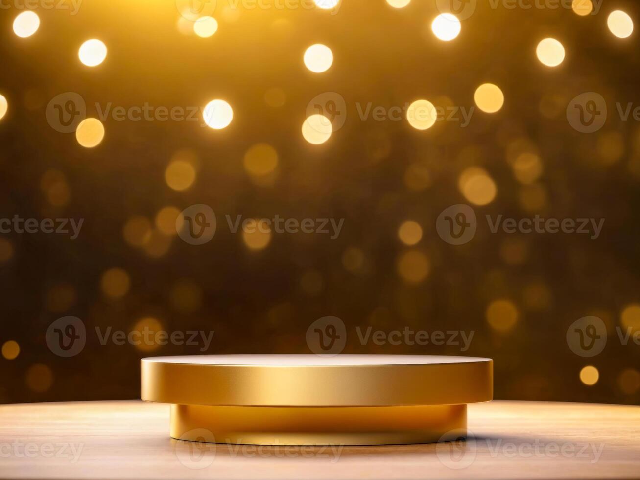 golden pedestal on wooden table with bokeh lights photo