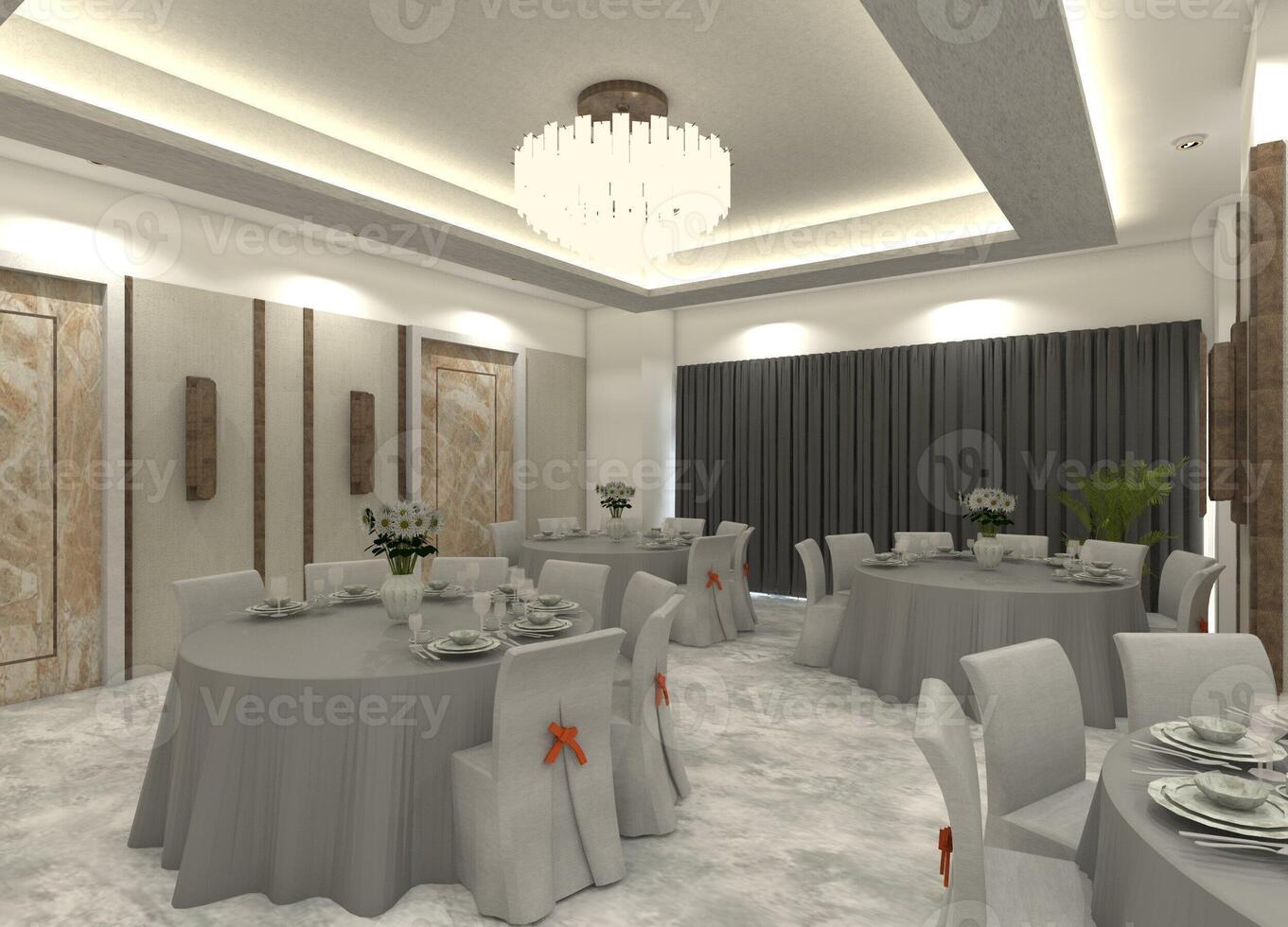 3D Luxury Restaurant Dining Room with Dining Sets, Decorative Lighting, Wall Panels, Semi-Contemporary Modern, Marble Accents. photo