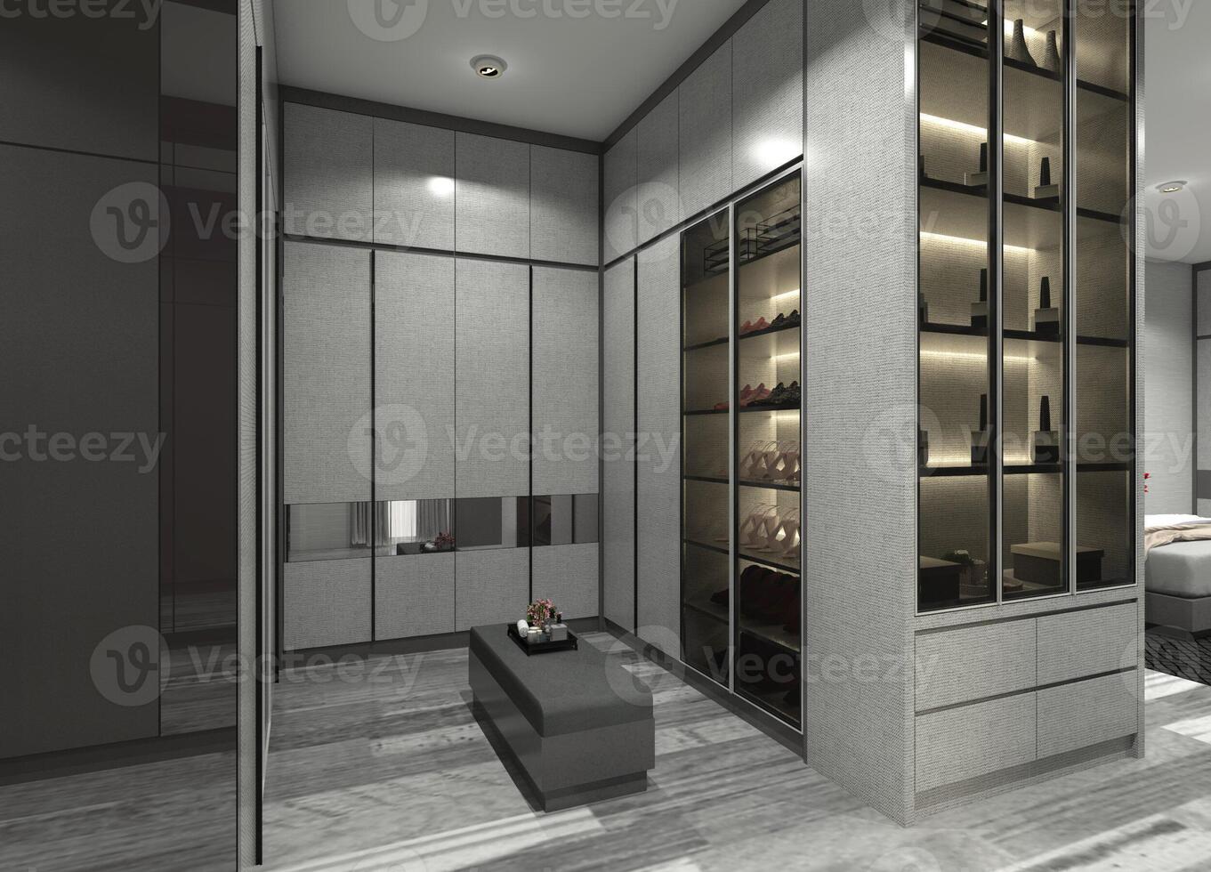 Modern 3D dressing room interior design with clothes wardrobe, showcase display cabinet, and a minimalist sofa bench. photo