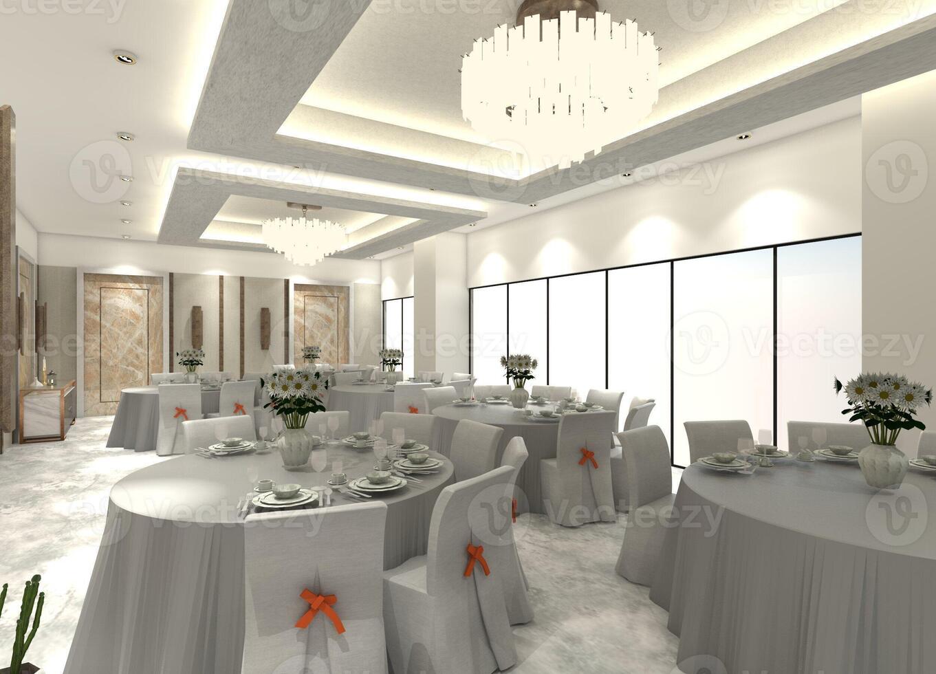 Sophisticated 3D rendering of a hotel's upscale dining room, complete with dining sets, decorative lighting, and a variety of wall treatments. photo
