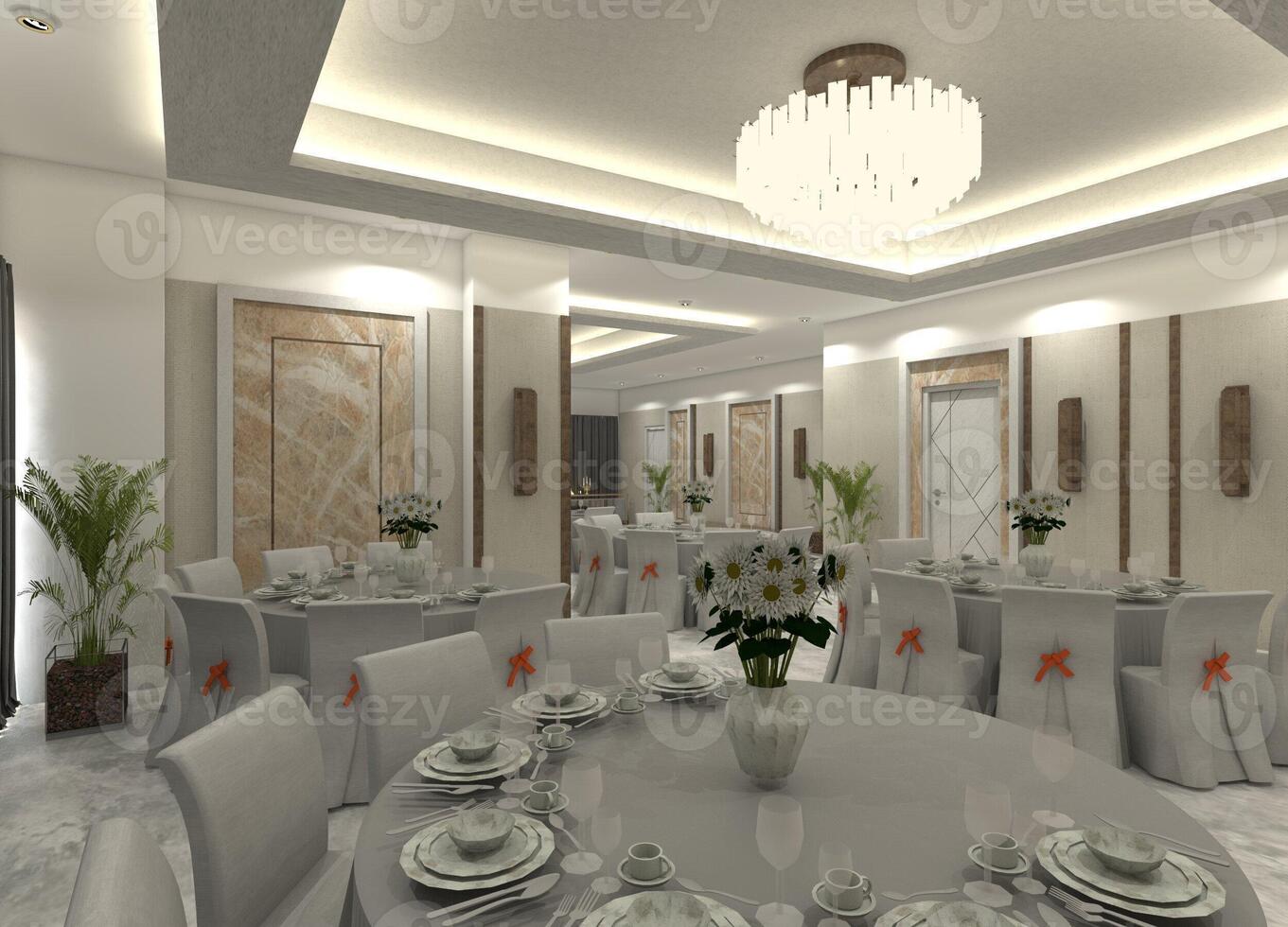 Elegant 3D restaurant dining space interior showcasing dining tables and chairs, decorative lighting, and diverse wall paneling. photo