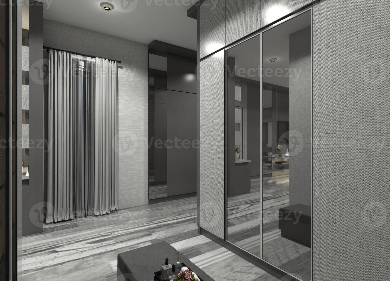 Modern 3D wardrobe design with gray door panels and combined mirrored frame doors. photo