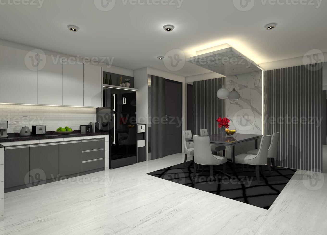 3D interior design for a kitchen and dining area with a dining set and decorative wall panels. photo