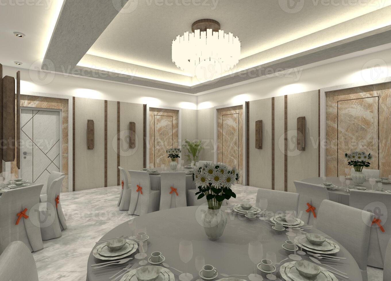 Sophisticated 3D upscale restaurant dining room design with dining furniture, decorative light fixtures, and a variety of wall panels. photo