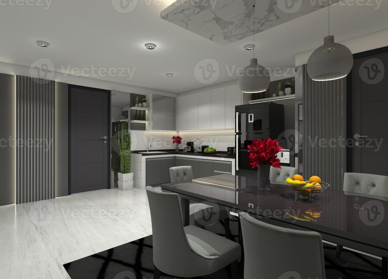 Modern 3D interior showcasing a kitchen and dining space with a dining table set and decorative wall treatments. photo
