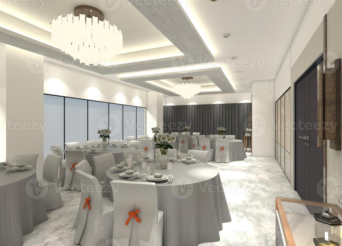 Luxurious 3D hotel restaurant dining room interior design featuring dining table sets, decorative lighting, and varied wall panels. photo