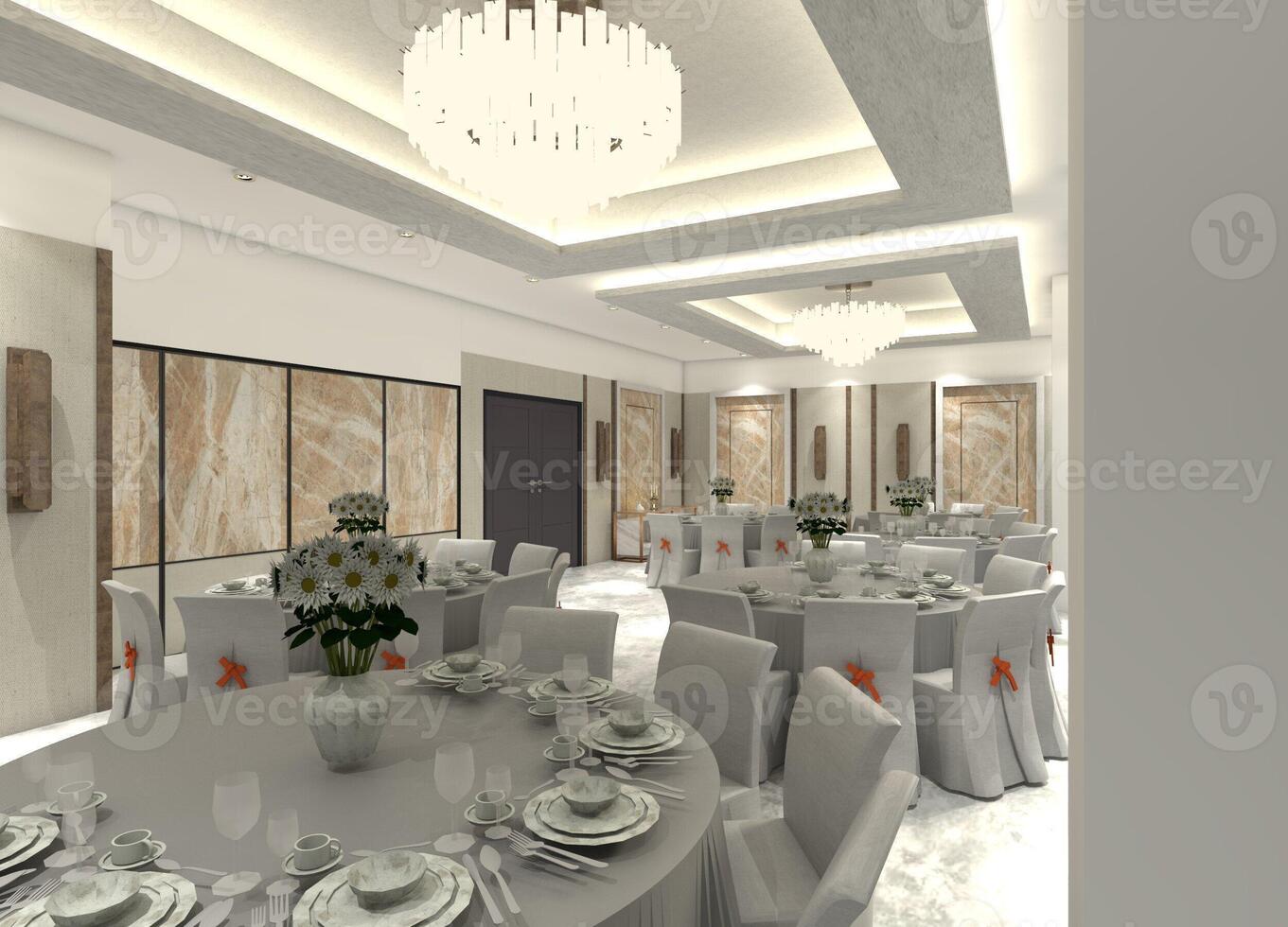 Elegant 3D interior for a high-end hotel restaurant dining space, showcasing dining furniture, decorative light fixtures, and diverse wall paneling. photo