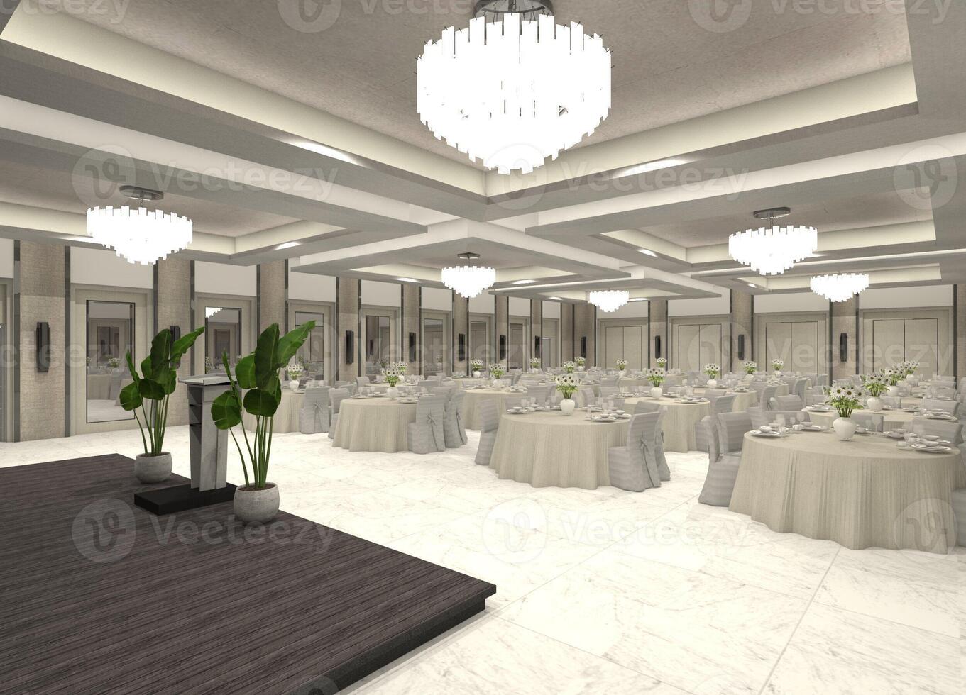 Detailed 3D illustration of a modern and opulent hotel ballroom interior. photo