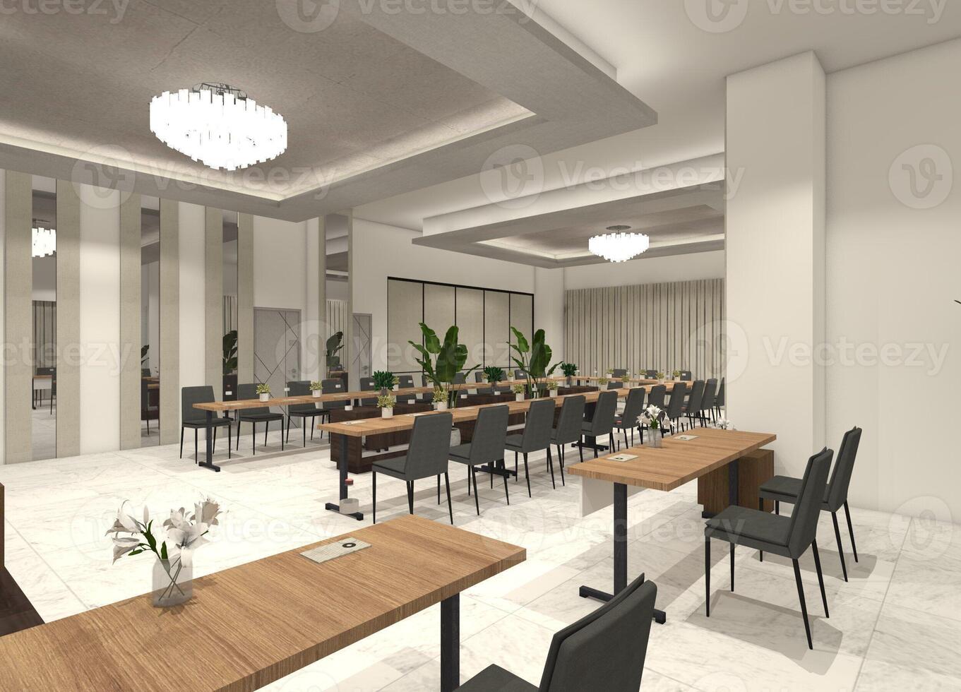 Stylish 3D meeting space design for a hotel, complete with a wooden meeting table. photo