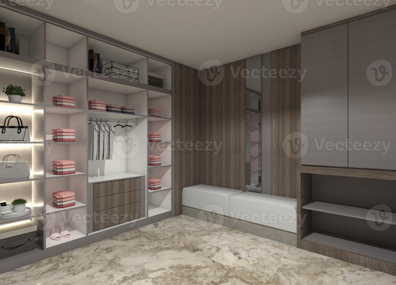 3D design of an open wardrobe cabinet with a bench seating area. photo