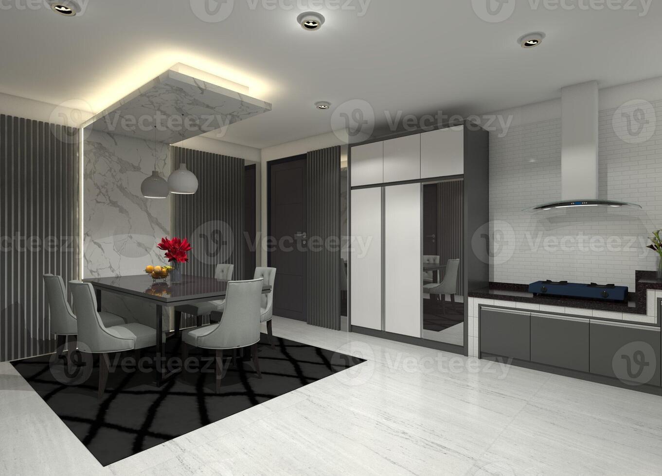 3D interior design for a dining room and kitchen cabinets with storage units. photo
