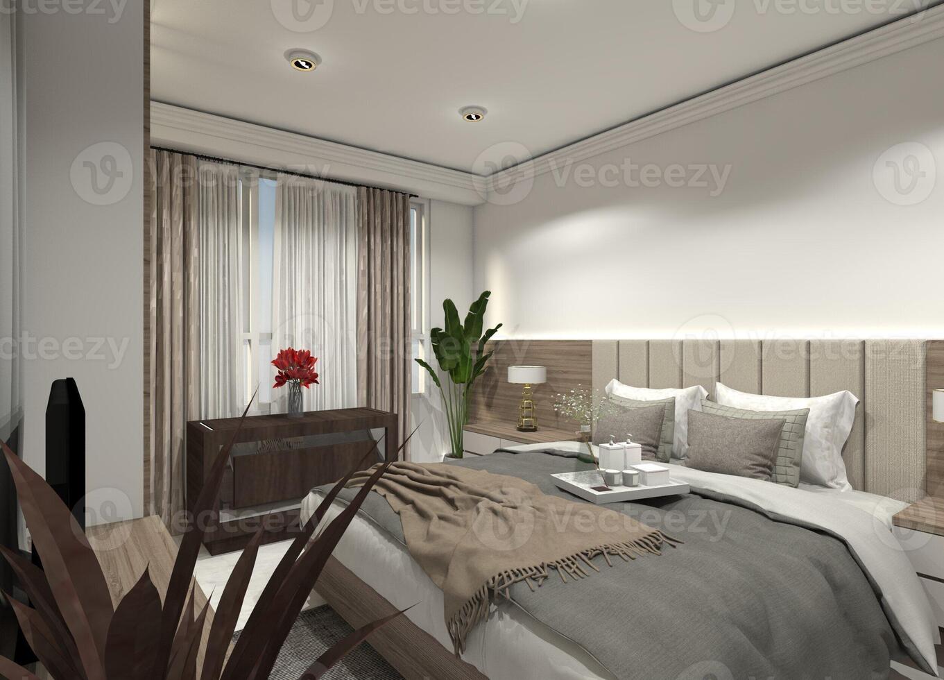Minimalist 3D interior design of a bedroom with a simple headboard and drawer cabinets. photo