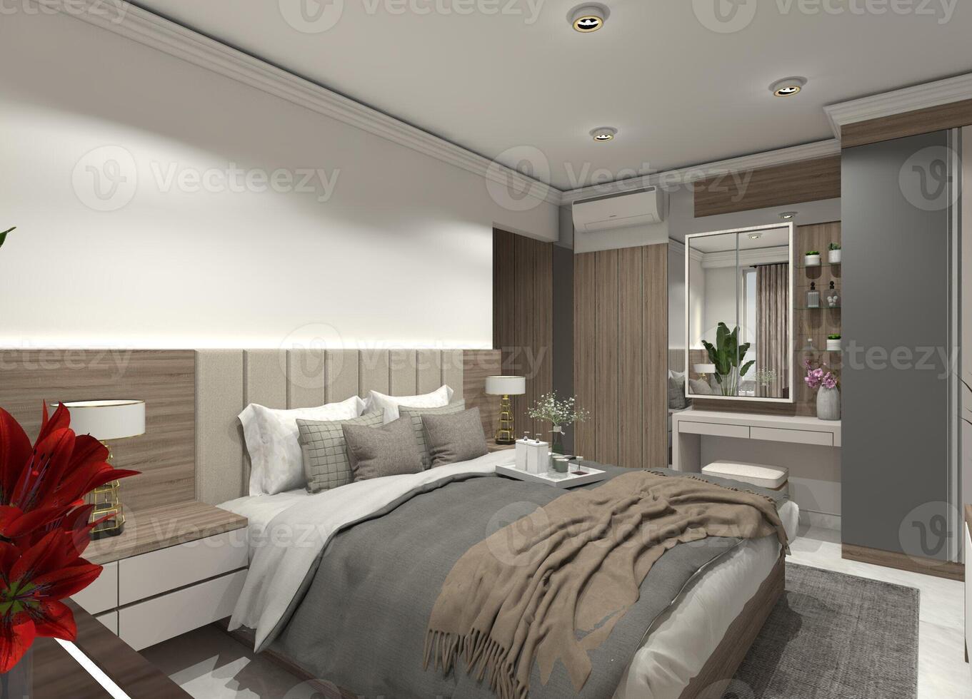 Complete minimalist 3D interior design of a bedroom with a bed and headboard, bedside drawer cabinets, a dressing table, and a simple wardrobe. photo