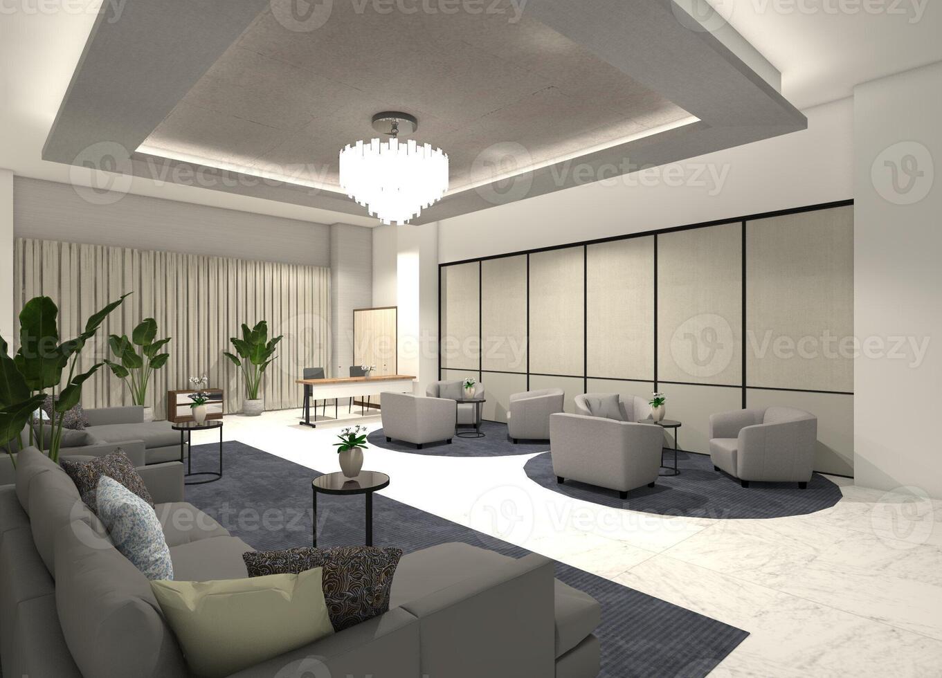 Contemporary 3D rendering of a hotel lobby interior with comfortable sofas and coffee tables. photo