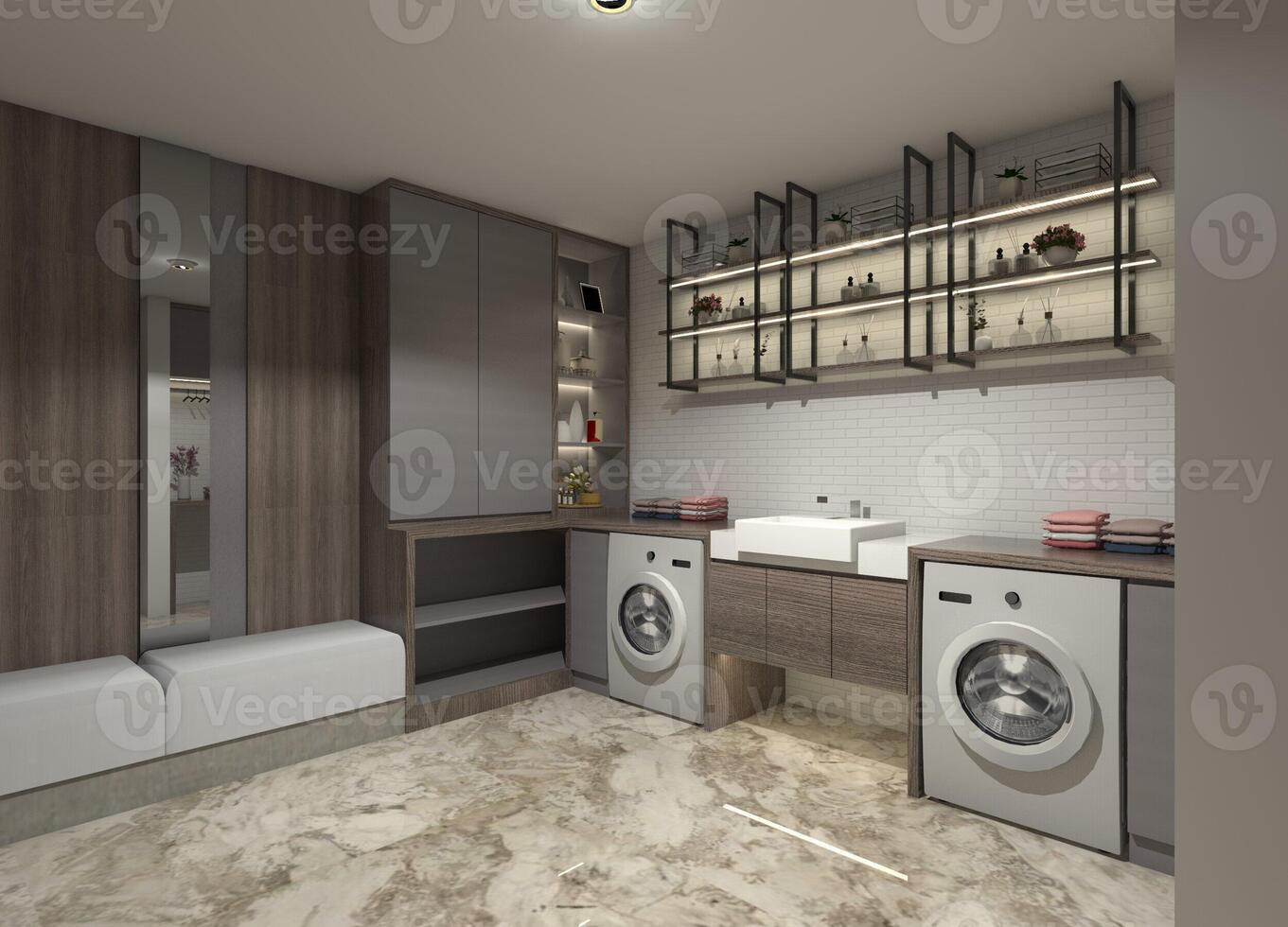 3D interior design of a laundry room with a sink cabinet, shelves and clothes cabinets, and a bench seating area. photo