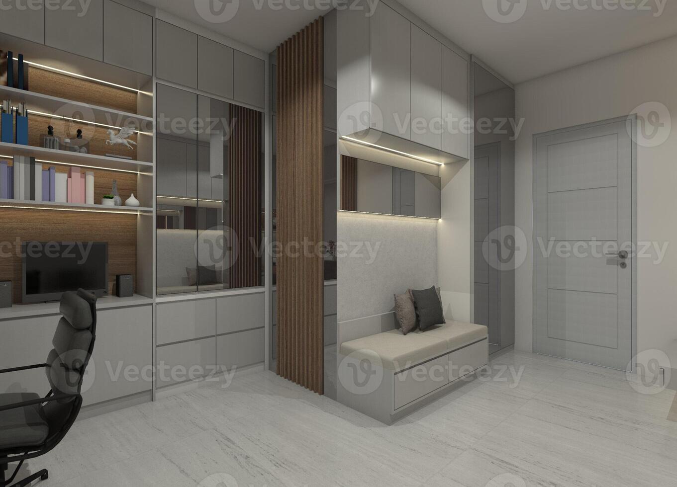 3D storage cabinet design with open shelving for books and display items, also equipped with a bench seat. photo