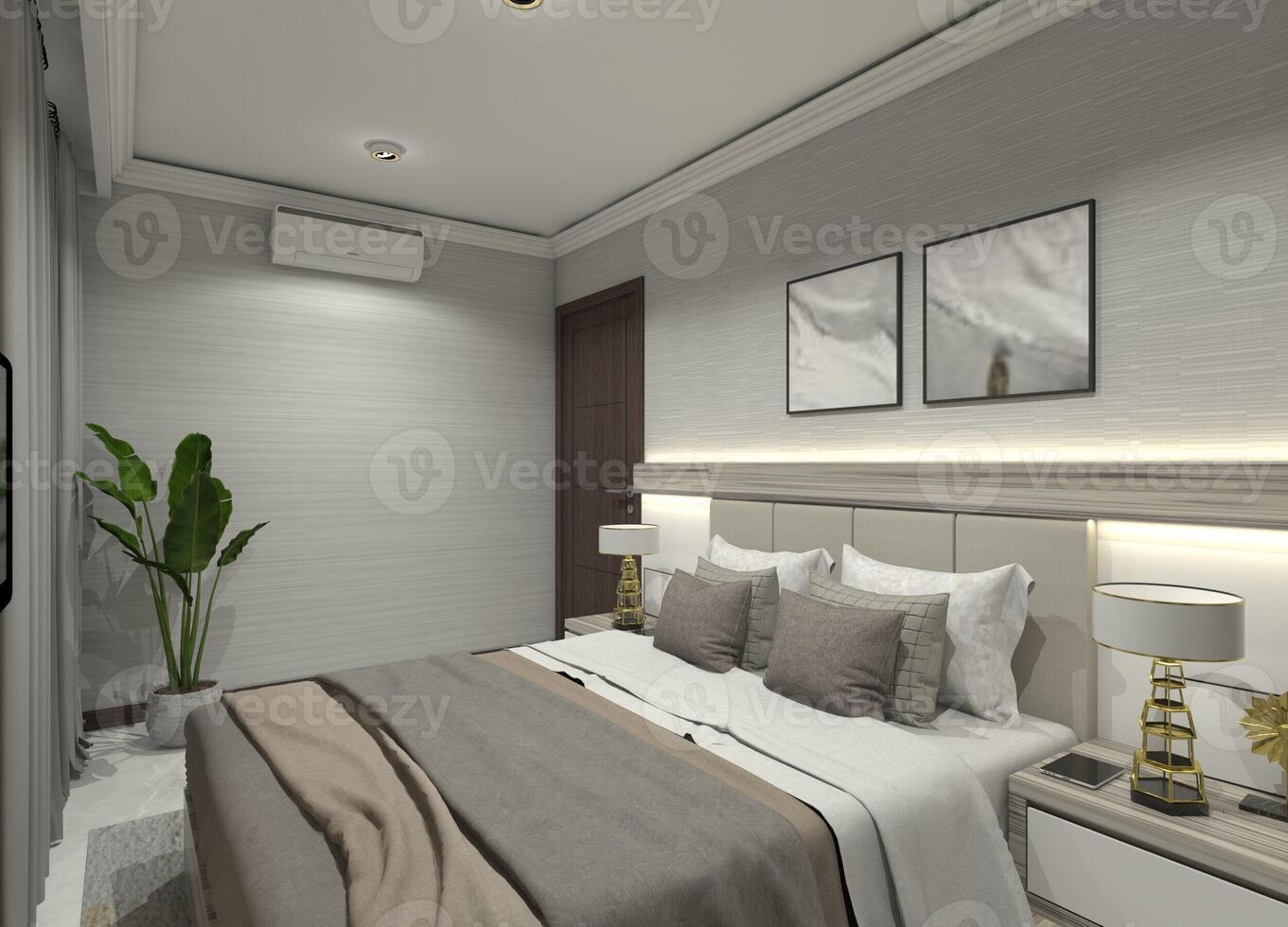 Contemporary 3D rendering of a minimalist bedroom interior featuring a simple bed headboard and drawer units. photo