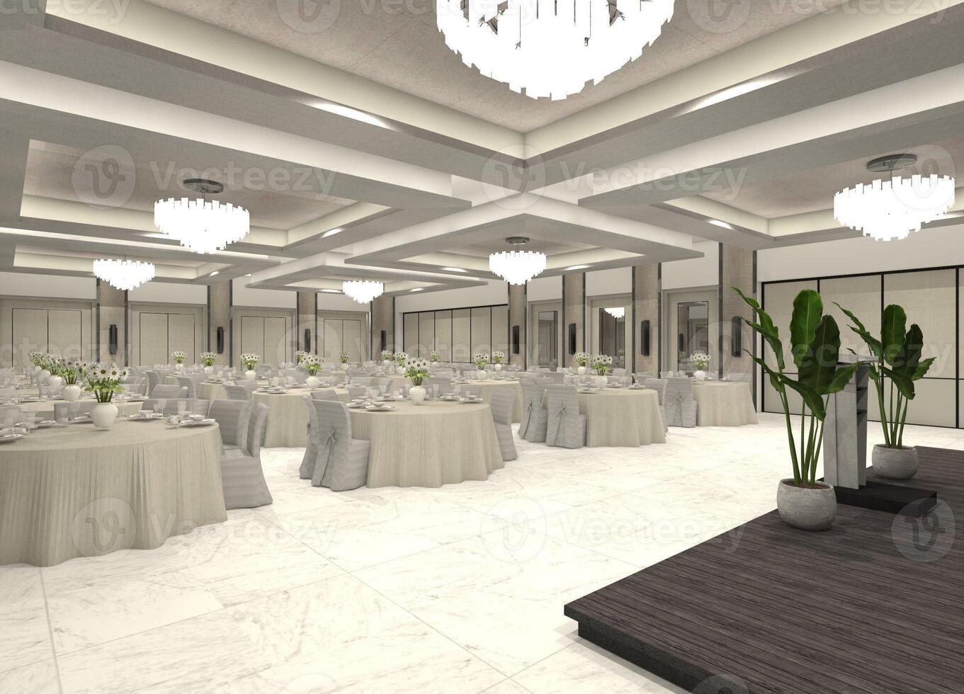 Luxurious and modern 3D interior design of a hotel ballroom with table and chair sets. photo