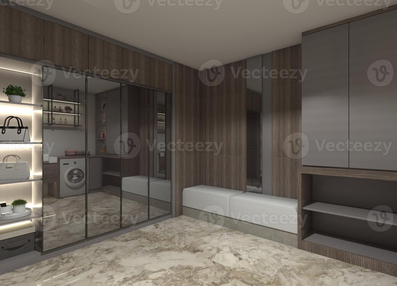 3D design of a clothes and storage cabinet with a bench seating area. photo