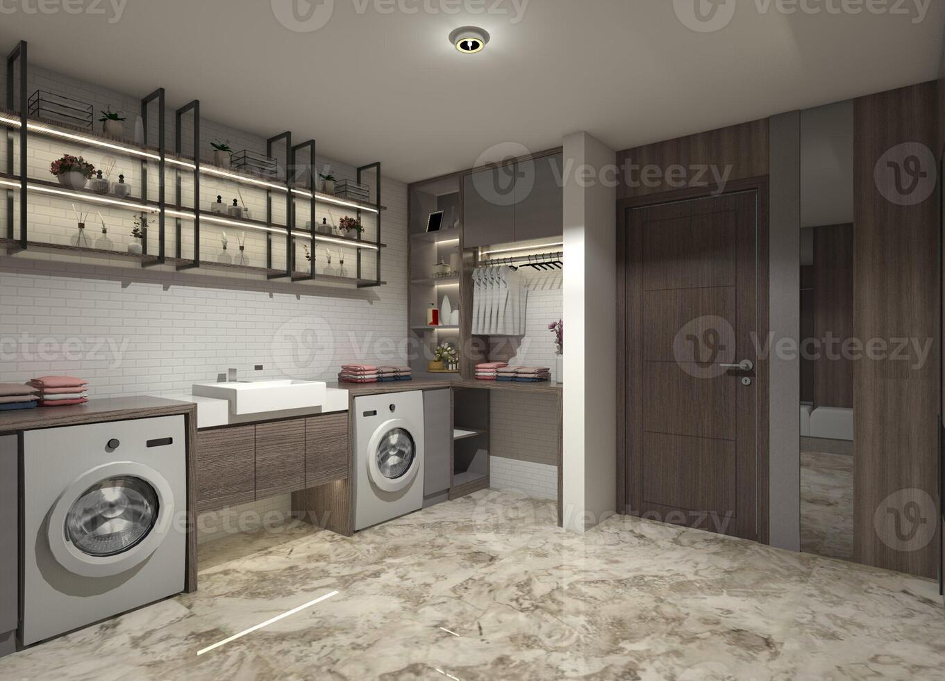 3D interior design of a laundry room with a sink cabinet, storage cabinets, and display shelves. photo