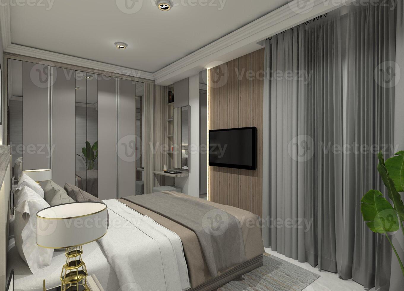 Contemporary 3D rendering of a minimalist bedroom interior featuring a bed with a headboard, closet, vanity table, and floating TV panel. photo