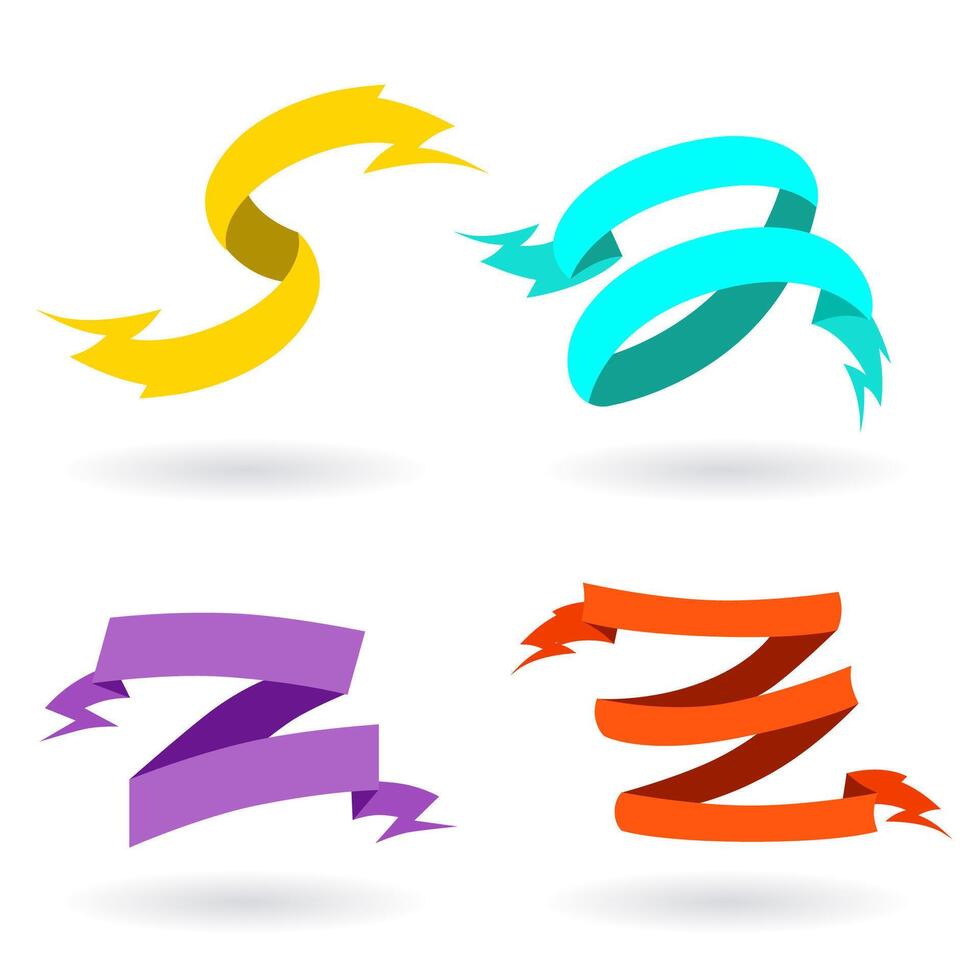 ribbons with dynamic lightning shaped ends in bold colors, perfect for energetic graphic designs, banners, badges, labels, or promotional elements. vector