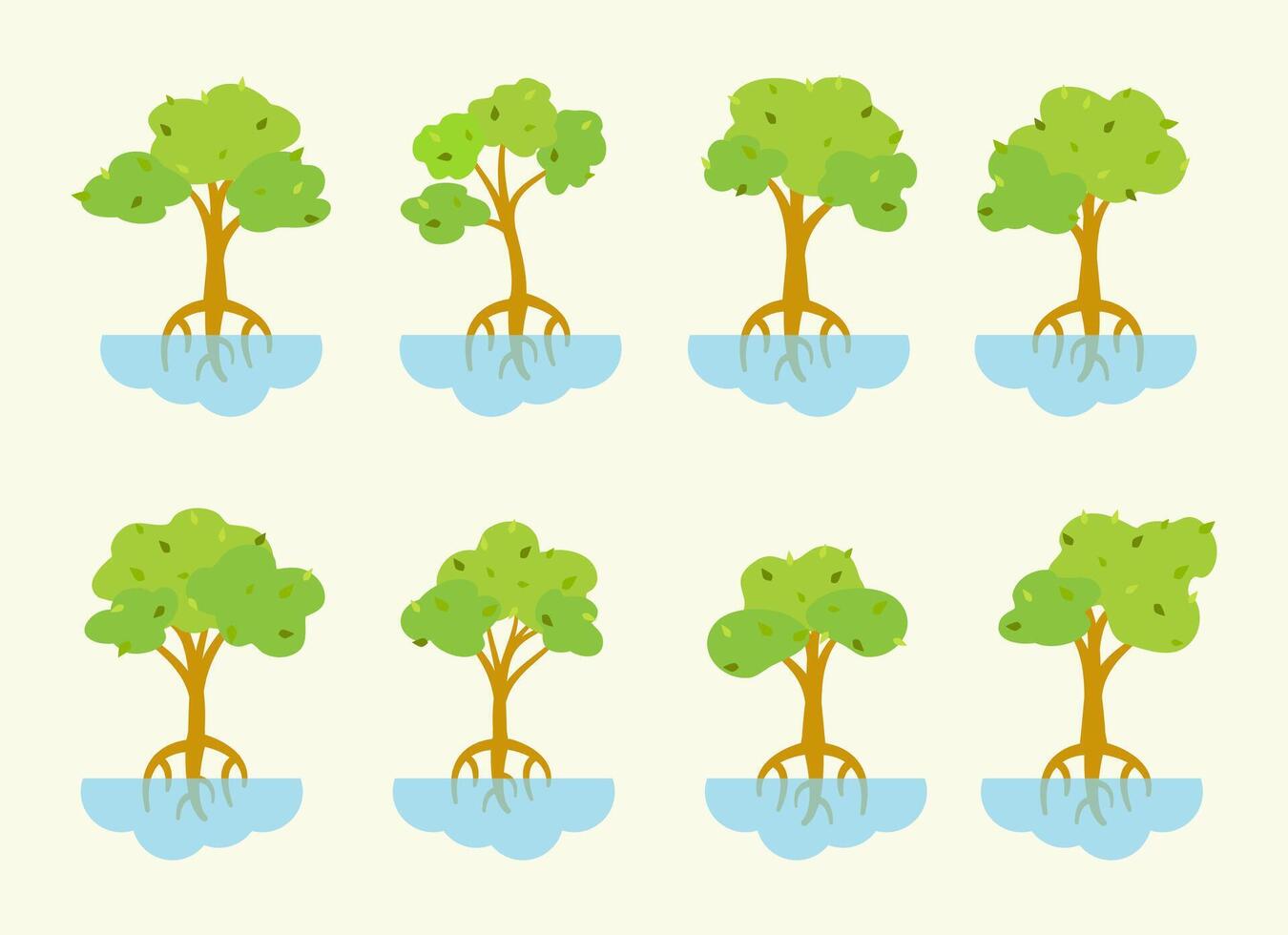 Set of mangrove tree collection with roots, green leaves, and water isolated on white background, Mangrove Plant Tree for Garden Park Conservation, illustration. vector