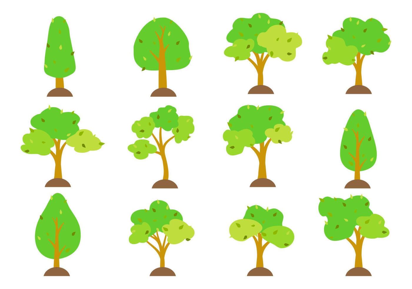 Cartoon trees set isolated on white background. Simple modern style. Cute green plants, forest, flat illustration vector