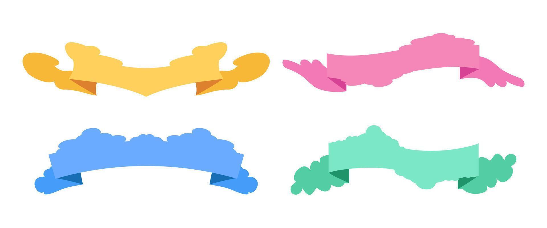 Colorful ribbons with cloud shaped edges, perfect for banners, labels, and decorative text frames in playful or fantasy themed graphic design projects. flat style vector