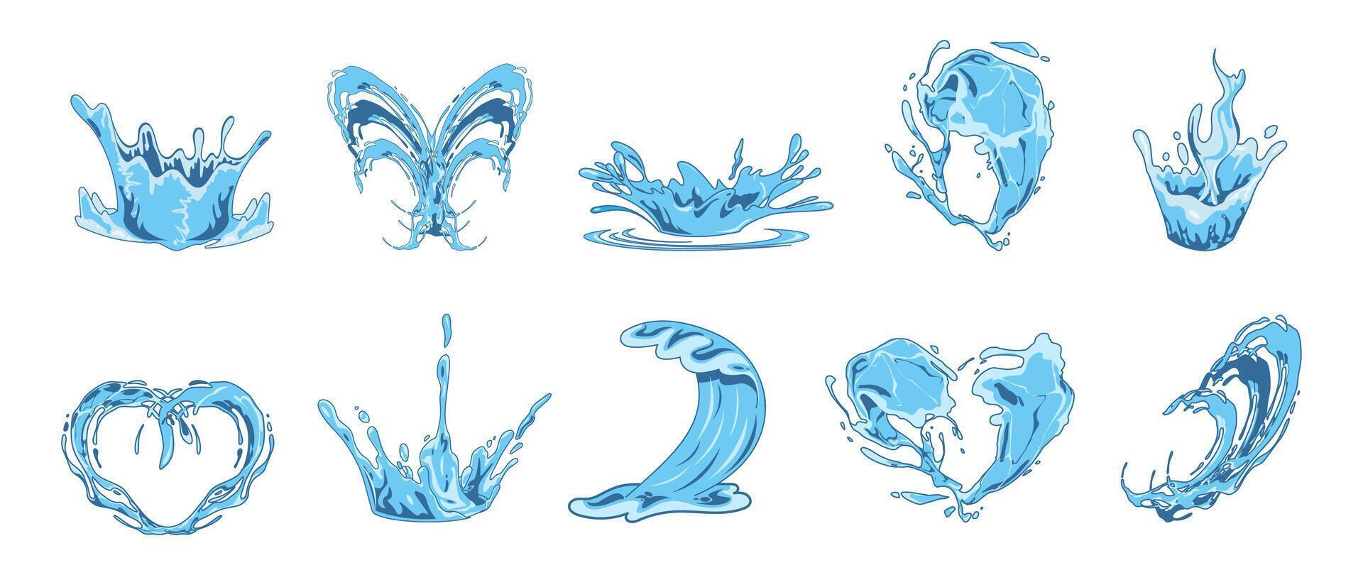 Pouring water splashes and drops flat icons design elements set isolated illustration vector