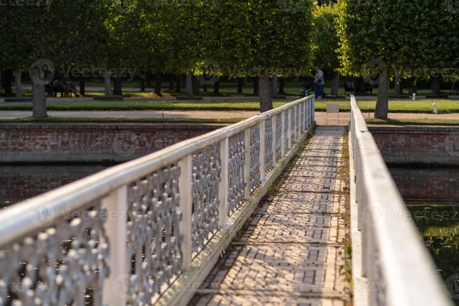 Strolling along the elegant bridge at Peterhof gardens during a sunny day brings tranquility and scenic beauty photo