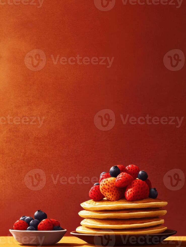 Delicious stack of golden pancakes topped with fresh strawberries and blueberries on a wooden table. photo