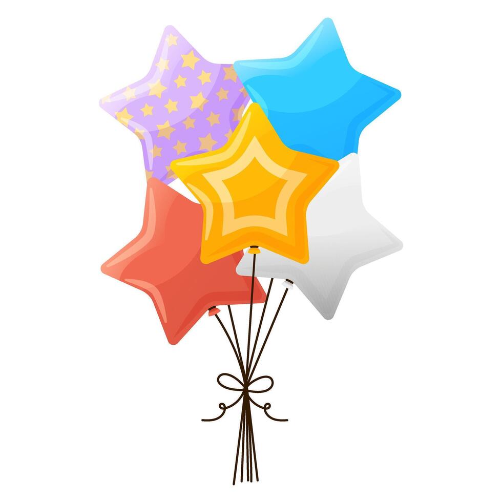 Cartoon glossy star balloon bouquet with bow isolated vector