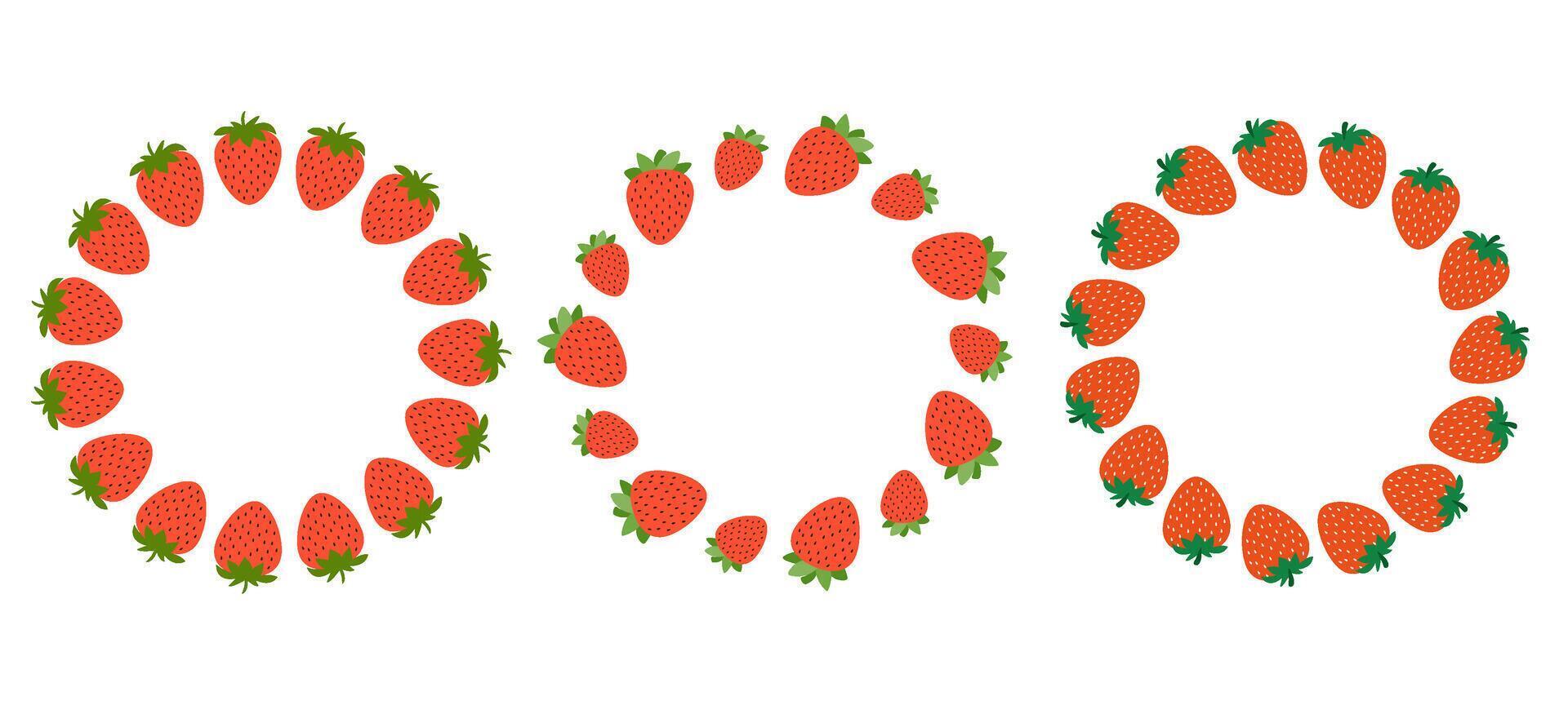Strawberry red berry circle frame set. Summer wreath fresh ripe plant. vector