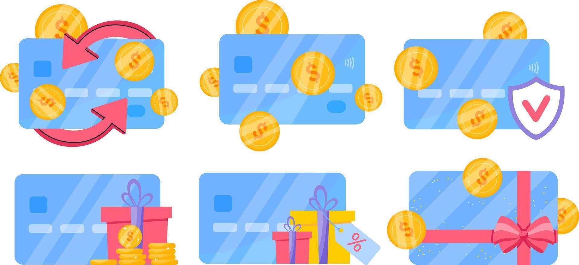 Cartoon credit card with golden coins icon set vector