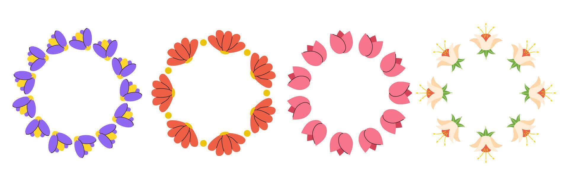 Botanical flower circle frame with copy space set. Floral wreath with buds vector