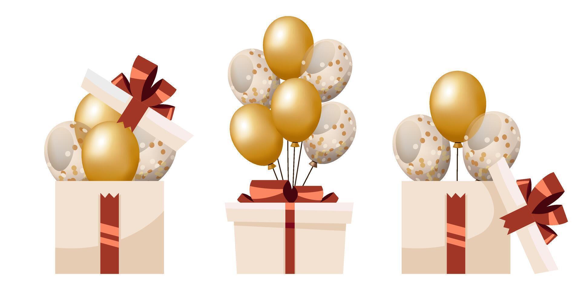 Realistic surprise gift box with flying golden balloons set vector