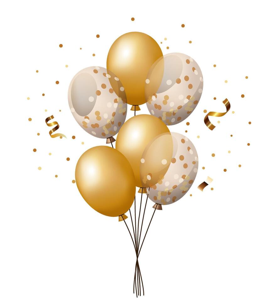 Realistic golden, transparent balloons bouquet, bunch with ribbons, confetti, and serpentine. vector