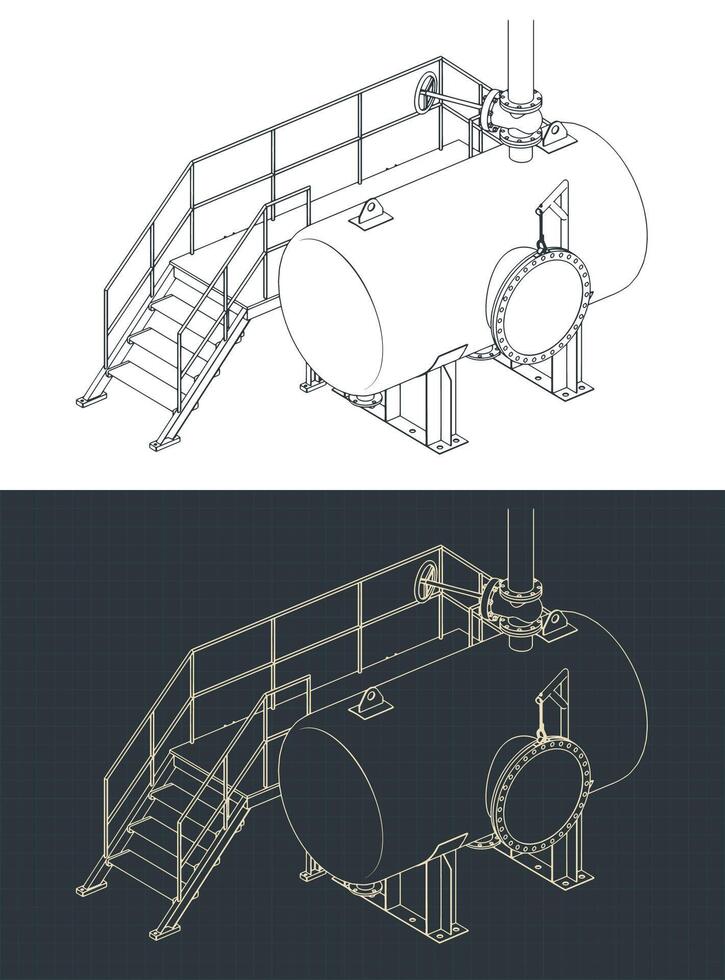 Horizontal industrial tank with service platform blueprints vector