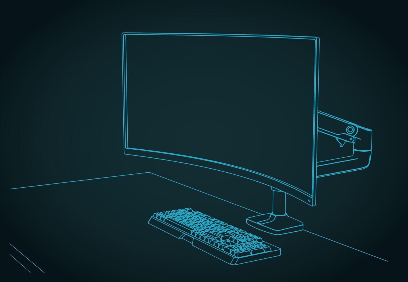Curved ultrawide monitor on arm stand with a mechanical keyboard vector