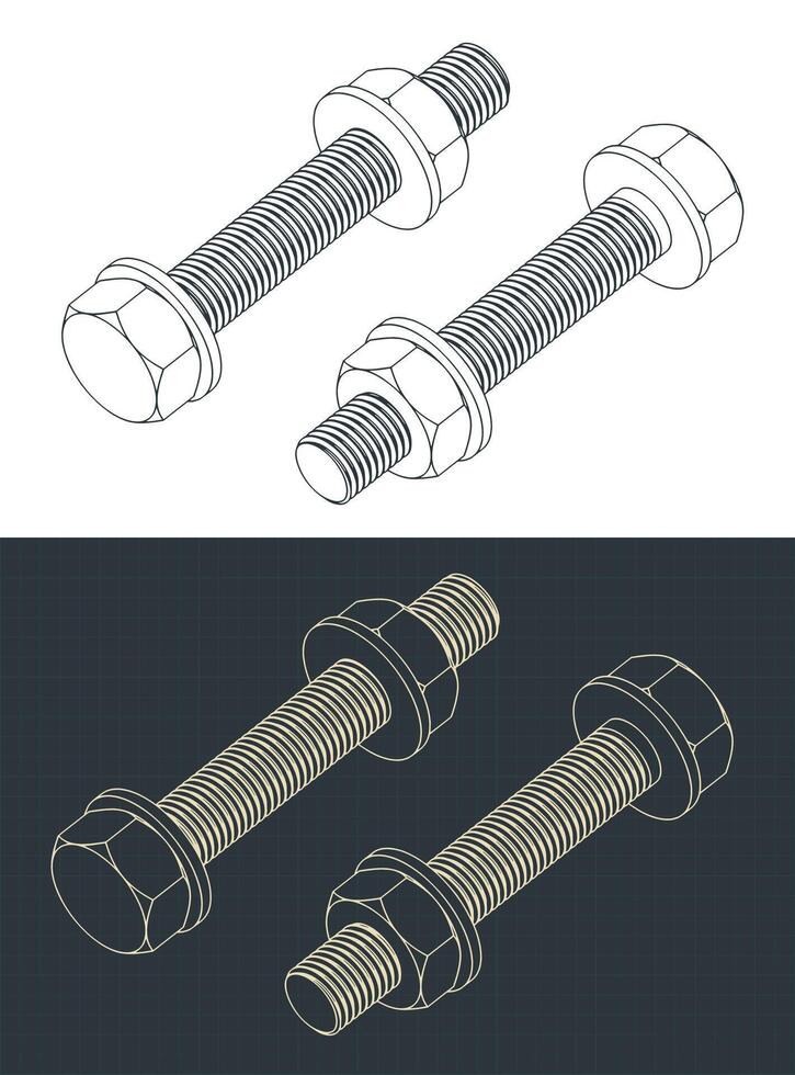 Hex bolt, nut and washers isometric drawings vector