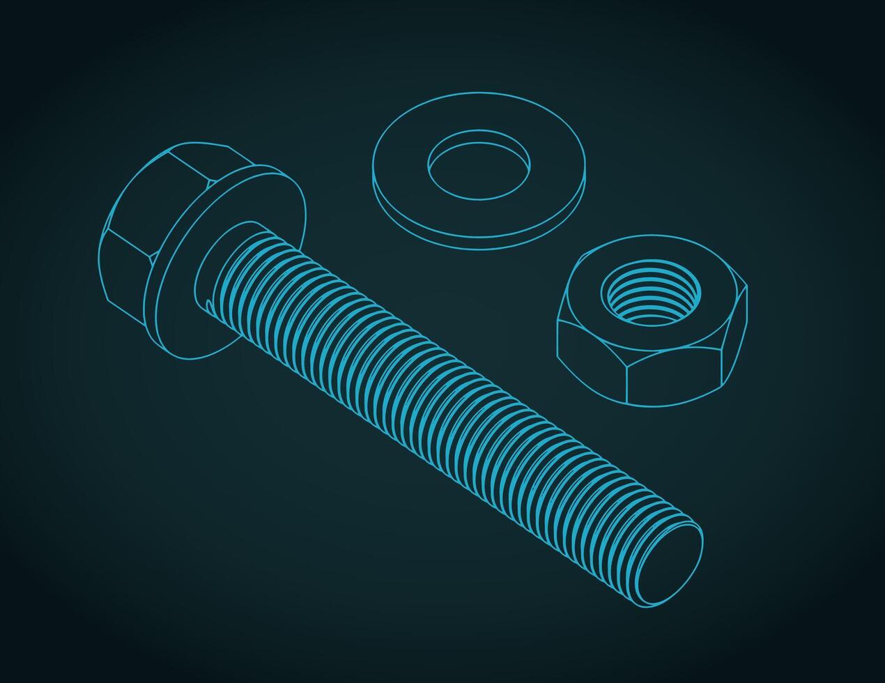 Hex bolt, nut and washer blueprint vector