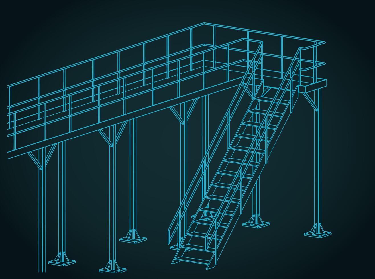 Industrial steel platform and stairs isometric blueprints illustration vector