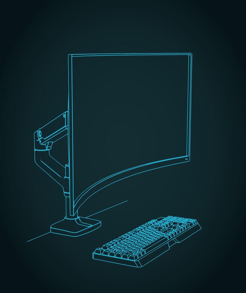 Curved monitor on arm stand with a keyboard vector