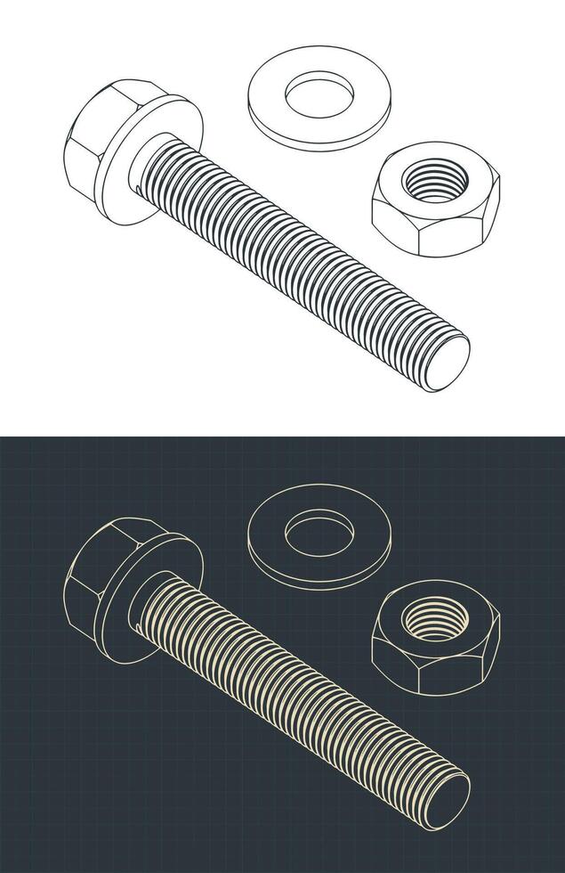 Hex bolt, nut and washer isometric blueprints vector
