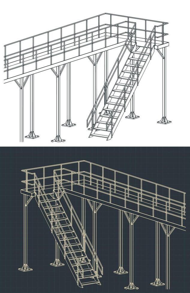 Industrial steel platform and stairs isometric blueprints vector