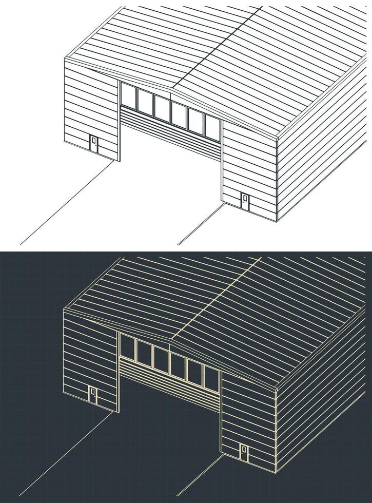 Industrial hangar isometric blueprints vector