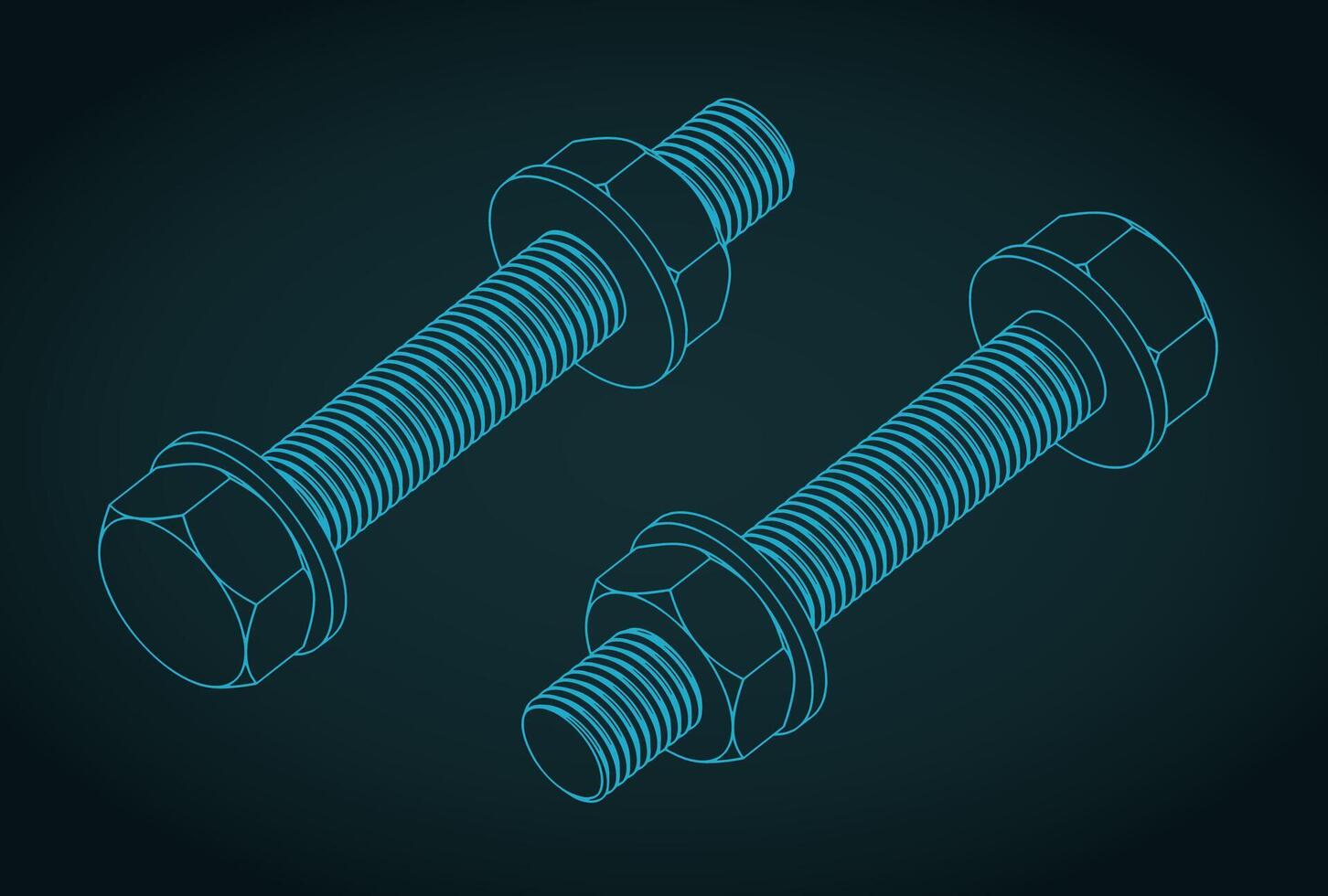 Hex bolt, nut and washer isometric blueprint illustration vector