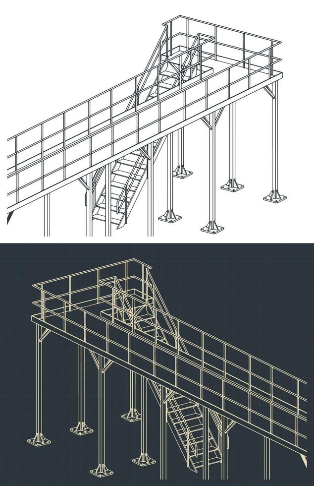 Industrial steel platform and stairs isometric blueprints illustrations vector