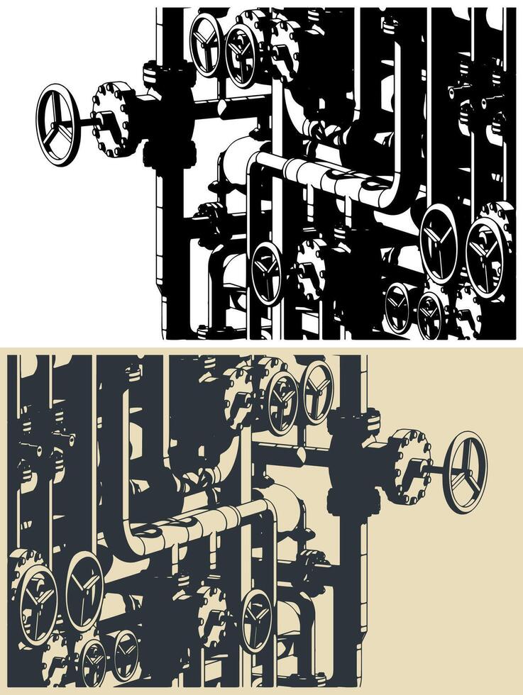 Industrial valves and pipes close-up illustrations vector